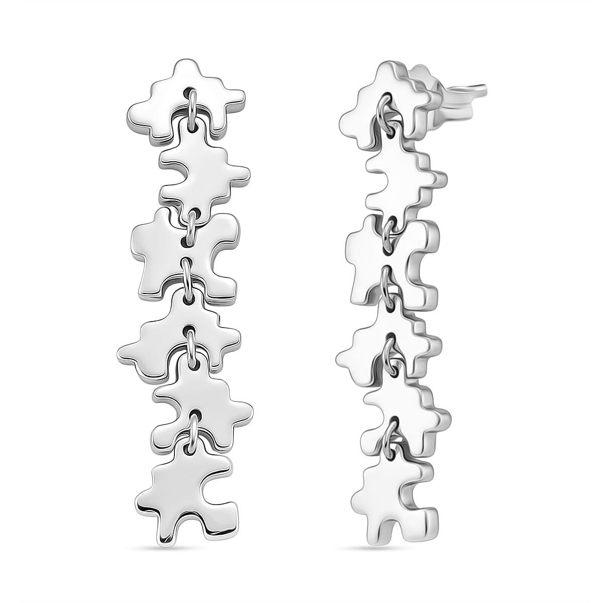 Lucy Q Jigsaw Collection - Puzzle Piece Dangle Earring with Push Back in Rhodium Overlay Sterling Silver, Silver Wt. 7.00 Gms