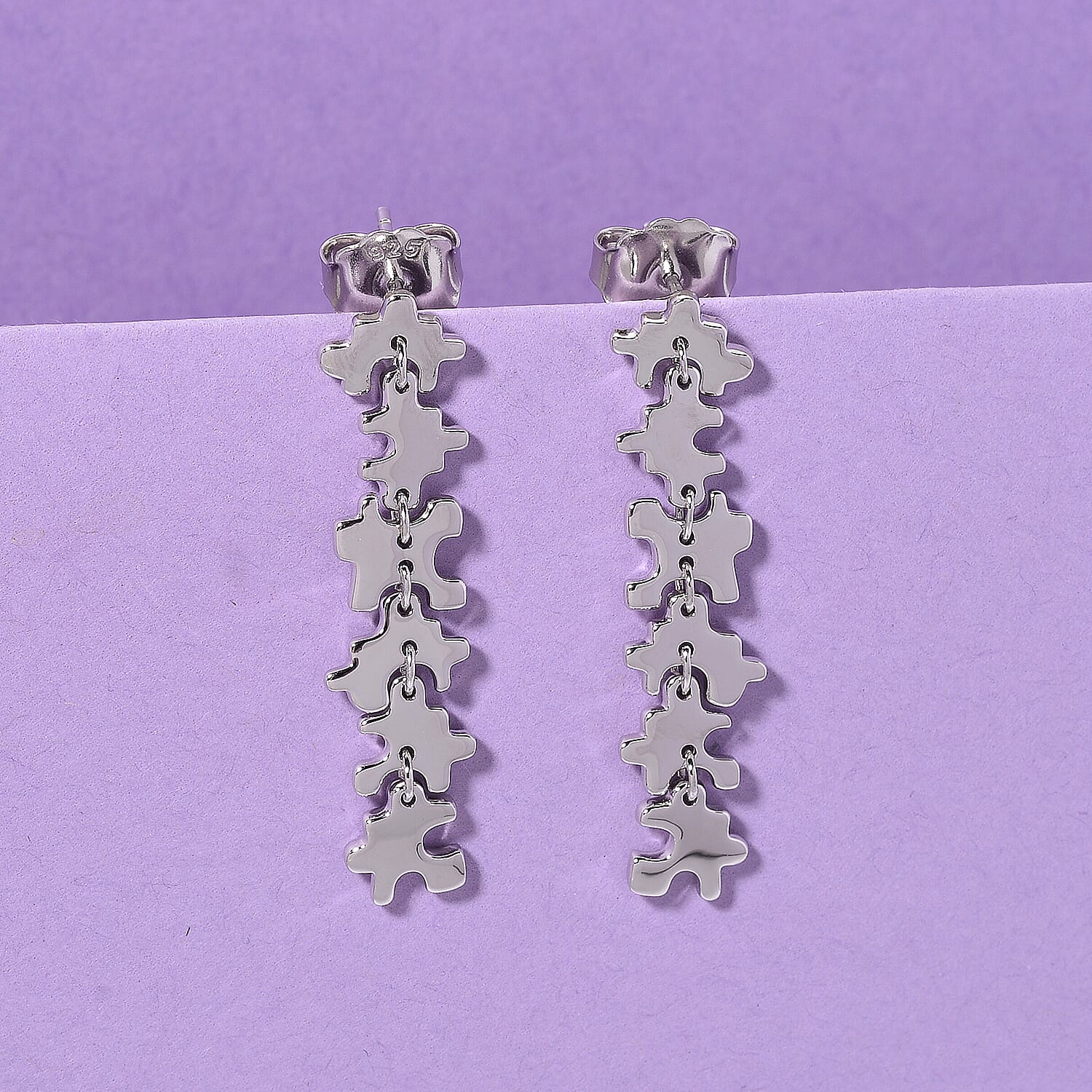 Lucy Q Jigsaw Collection - Puzzle Piece Dangle Earring with Push Back in Rhodium Overlay Sterling Silver, Silver Wt. 7.00 Gms