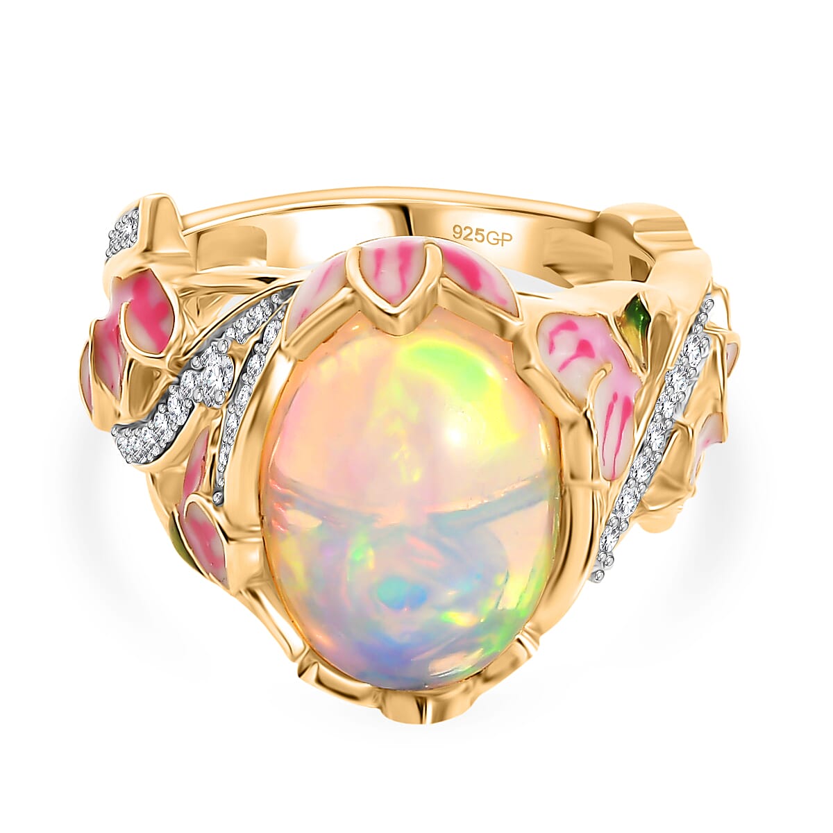 GP - Italian Garden Collection - Ethiopian Opal, Blue Sapphire & White Zircon Living Creature Ring in 18K Vermeil Yellow Gold Plated Sterling Silver 4.28 Ct, Silver Wt. 5.99 Gms.