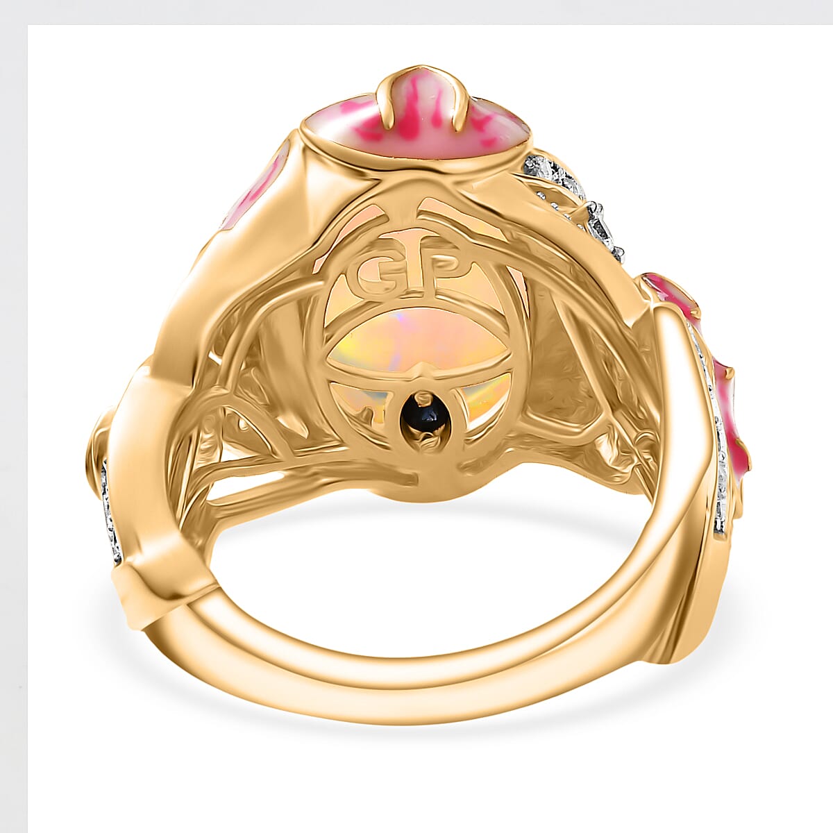 GP - Italian Garden Collection - Ethiopian Opal, Blue Sapphire & White Zircon Living Creature Ring in 18K Vermeil Yellow Gold Plated Sterling Silver 4.28 Ct, Silver Wt. 5.99 Gms.