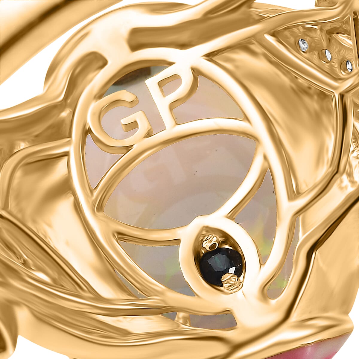 GP - Italian Garden Collection - Ethiopian Opal, Blue Sapphire & White Zircon Living Creature Ring in 18K Vermeil Yellow Gold Plated Sterling Silver 4.28 Ct, Silver Wt. 5.99 Gms.