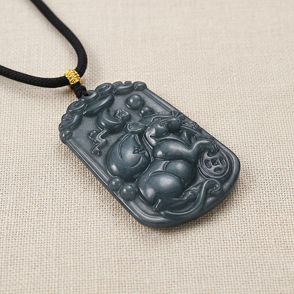 Natural Type A Jadeite Zodiac Rat Necklace with Cotton Thread (Size 26 Adjustable) 60.00 Ct.