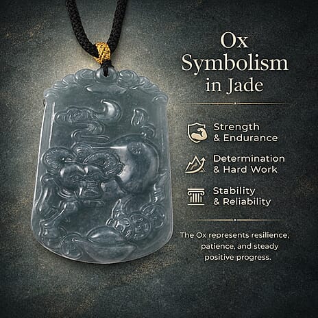 Natural Type A Jadeite Jade Stone Zodiac Ox Necklace with Cotton Thread (Size 26 Adjustable) 60.00 Ct.