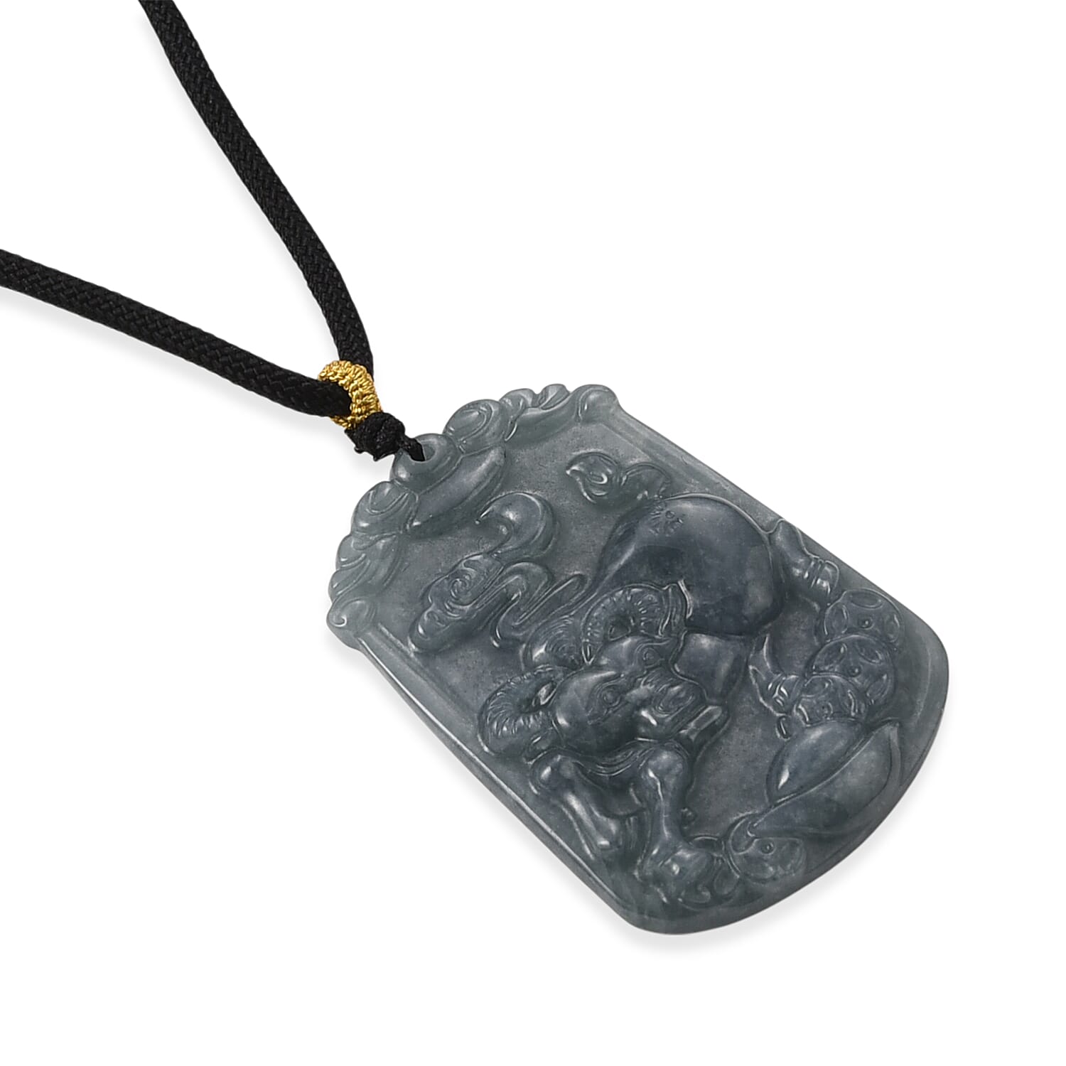 Natural Type A Jadeite Jade Stone Zodiac Ox Necklace with Cotton Thread (Size 26 Adjustable) 60.00 Ct.