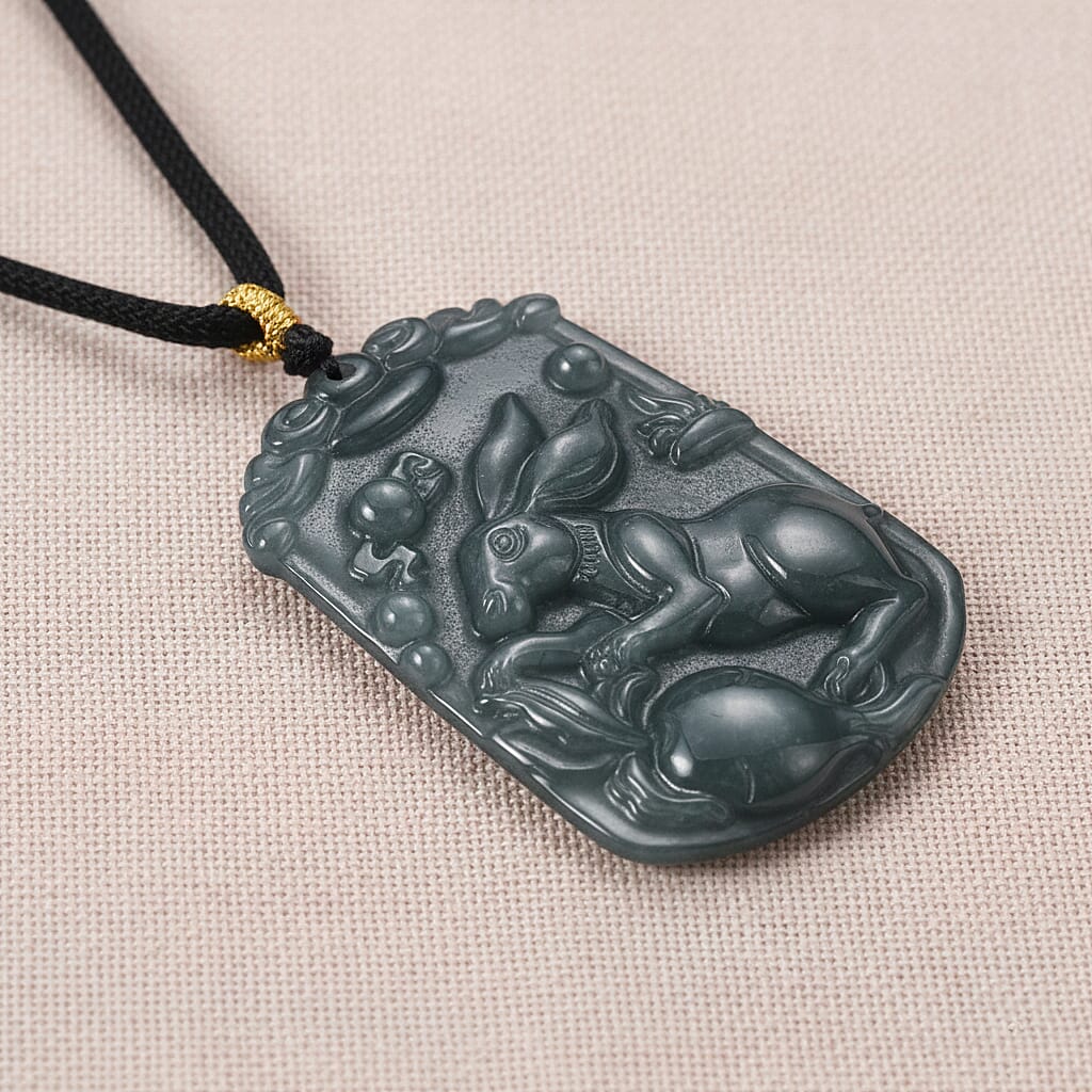 Natural Type A Jadeite Jade Stone Zodiac Rabbit Necklace with Cotton Thread (Size 26 Adjustable) 60.000  Ct.