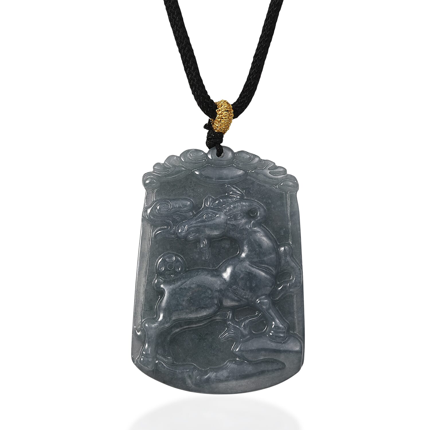 Natural Type A Jadeite Jade Stone Zodiac Goat Necklace with Cotton Thread (Size 26 Adjustable) 60.00 Ct.