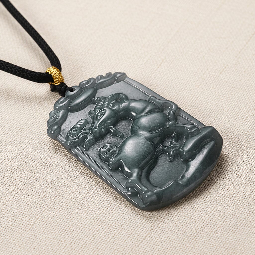 Natural Type A Jadeite Jade Stone Zodiac Goat Necklace with Cotton Thread (Size 26 Adjustable) 60.00 Ct.