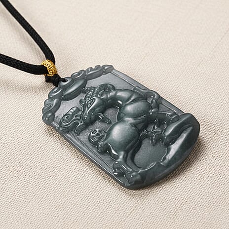 Natural Type A Jadeite Jade Stone Zodiac Goat Necklace with Cotton Thread (Size 26 Adjustable) 60.00 Ct.