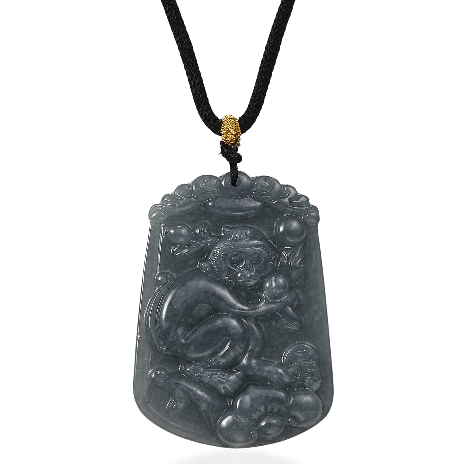 Natural Type A Jadeite Jade Stone Zodiac Monkey Necklace with Cotton Thread (Size 26 Adjustable) 60.00 Ct.