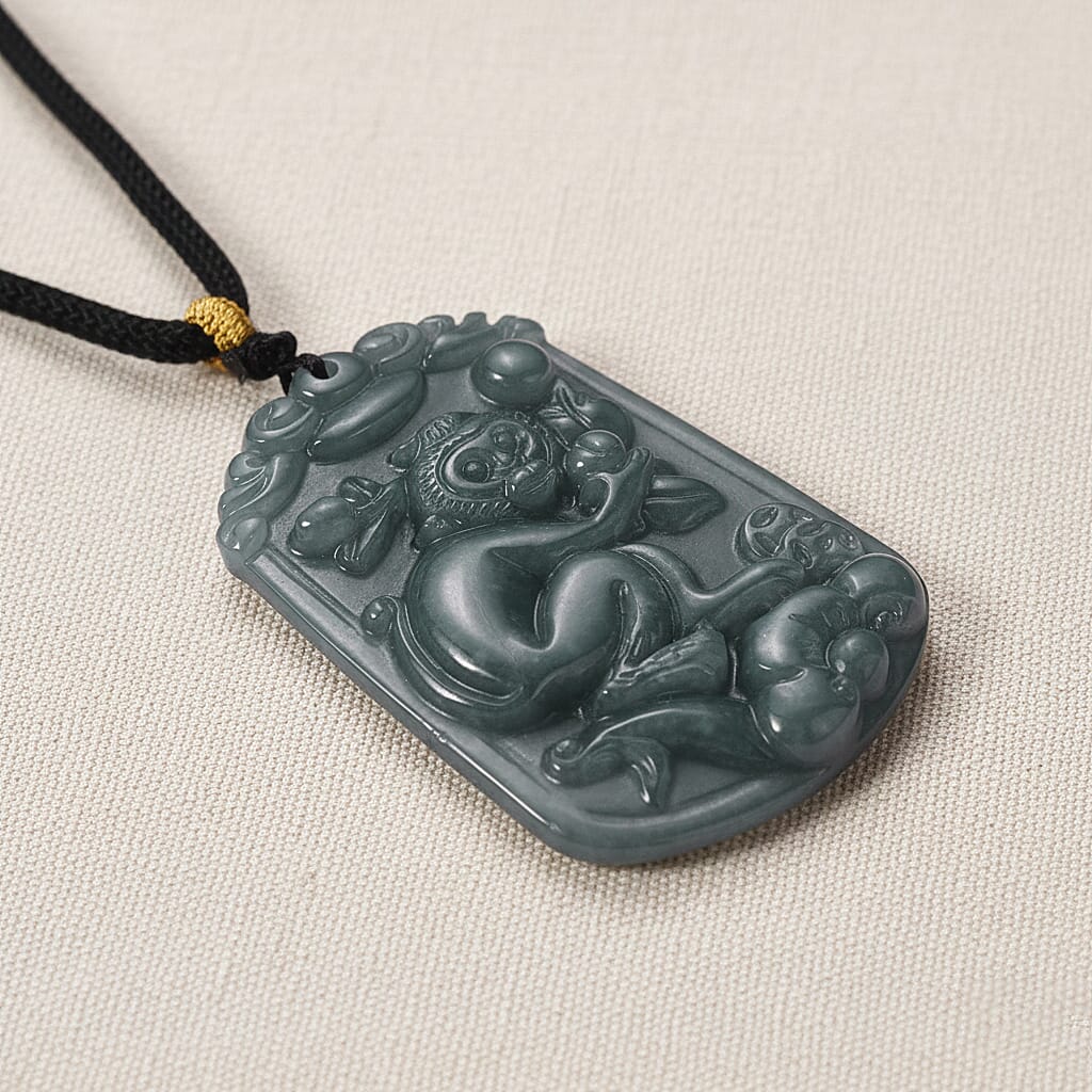 Natural Type A Jadeite Jade Stone Zodiac Monkey Necklace with Cotton Thread (Size 26 Adjustable) 60.00 Ct.