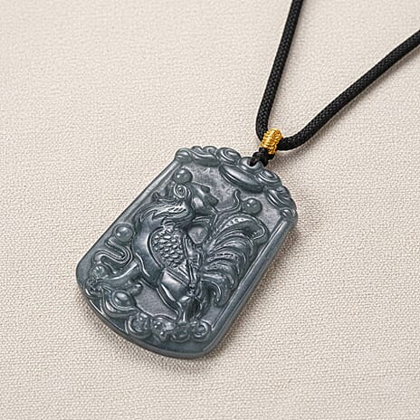 Natural Type A Jadeite Jade Stone Zodiac Rooster Necklace with Cotton Thread (Size 26 Adjustable) 60.00 Ct.
