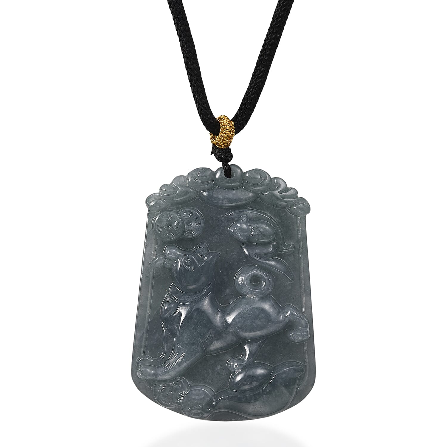 Natural Type A Jadeite Jade Stone Zodiac Dog Necklace with Cotton thread (Size 26 Adjustable) 60.00 Ct.