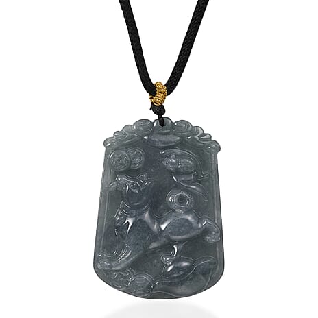 Natural Type A Jadeite Jade Stone Zodiac Dog Necklace with Cotton thread (Size 26 Adjustable) 60.00 Ct.