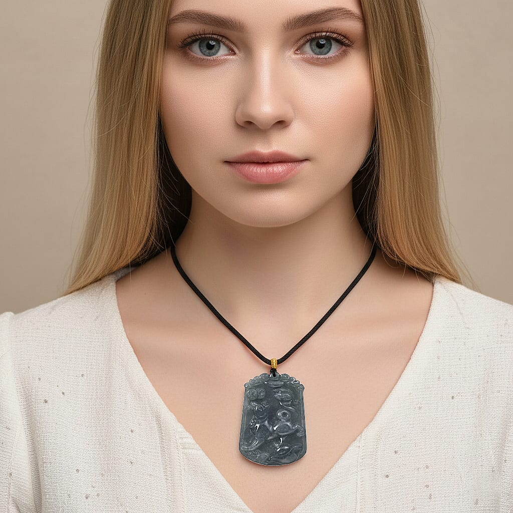 Natural Type A Jadeite Jade Stone Zodiac Dog Necklace with Cotton thread (Size 26 Adjustable) 60.00 Ct.