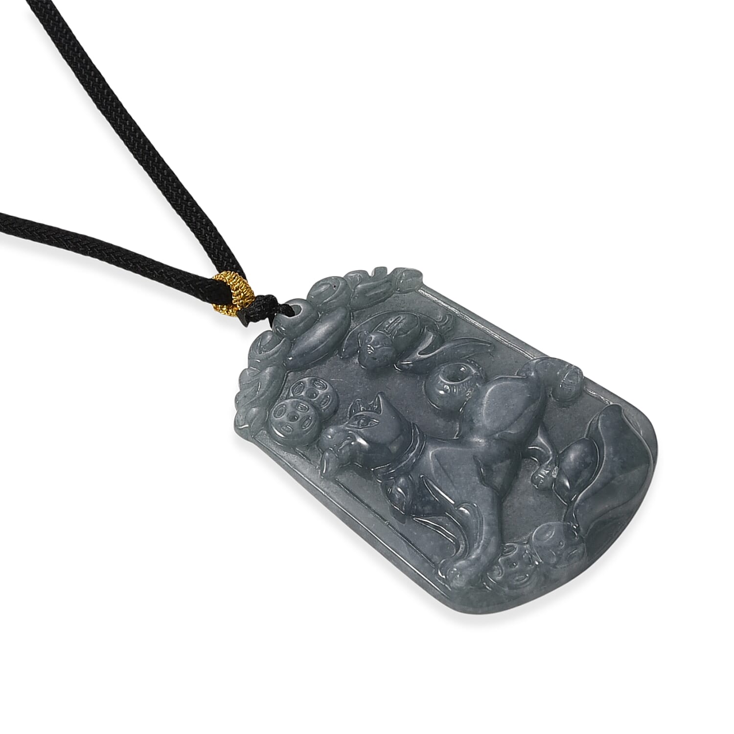 Natural Type A Jadeite Jade Stone Zodiac Dog Necklace with Cotton thread (Size 26 Adjustable) 60.00 Ct.