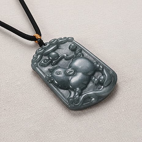 Natural Type A Jadeite Jade Stone Zodiac Pig Necklace with Cotton Thread (Size 26 Adjustable) 60.00 Ct.