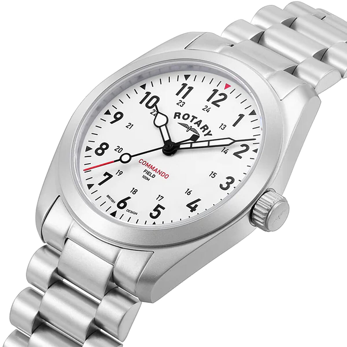 ROTARY Commando Field Quartz Movt. 10ATM White Dial Mens Watch with Stainless Steel Strap