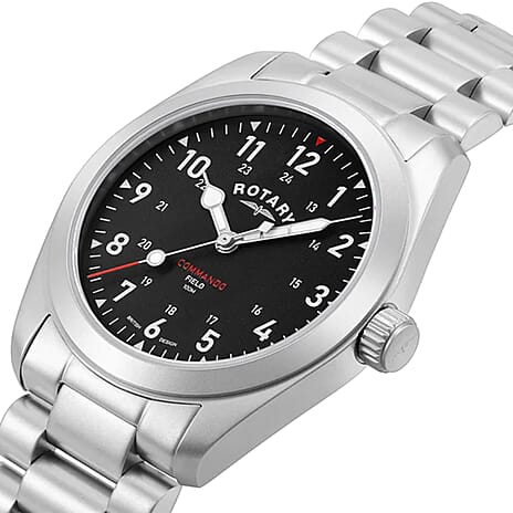 PRE BLACK FRIDAY DEAL - ROTARY Commando Field Quartz 10ATM WR Black Dial - Silver Case Gents Watch with Silver Stainless Steel Strap