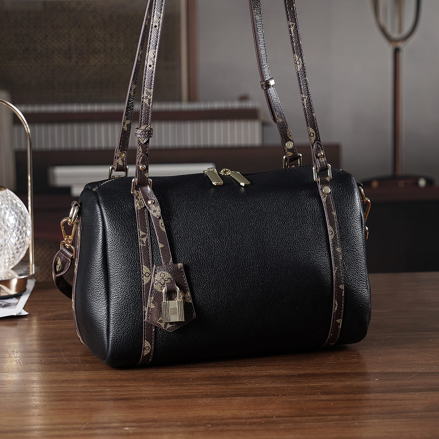 Designer Inspired Genuine Leather Crossbody Bag - Black