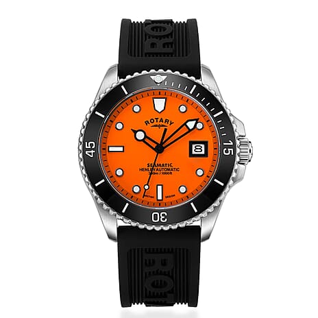 BLACK FRIDAY DEAL - ROTARY Seamatic Henley Automatic Miyota 8215 Movt. 30ATM  Orange Dial Mens Watch with Black Silicone Strap