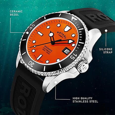 BLACK FRIDAY DEAL - ROTARY Seamatic Henley Automatic Miyota 8215 Movt. 30ATM  Orange Dial Mens Watch with Black Silicone Strap