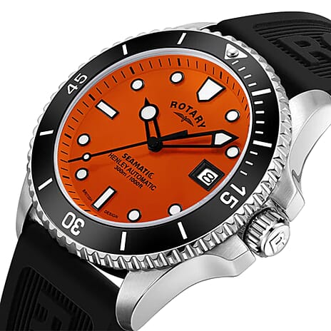 BLACK FRIDAY DEAL - ROTARY Seamatic Henley Automatic Miyota 8215 Movt. 30ATM  Orange Dial Mens Watch with Black Silicone Strap