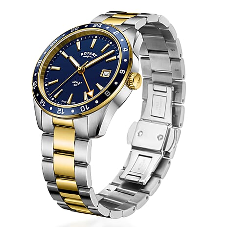 EPITOME OF LUXURY  - ROTARY Henley Quartz Movt. 10ATM Blue Dial Mens Watch with Two-Tone Stainless Steel Strap