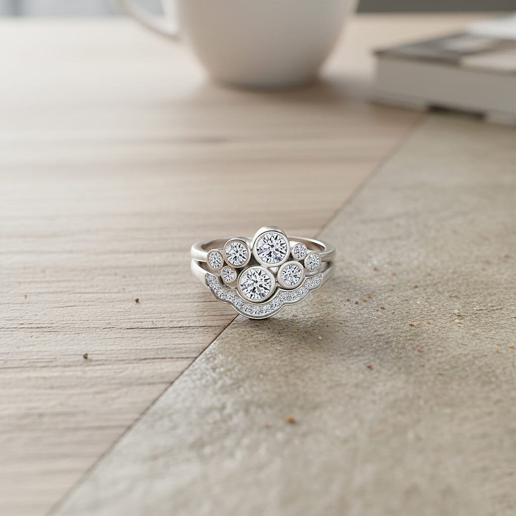 Set of 2 - Luxuriant Lab Grown Diamond (SI-GH) Ring in Rhodium Overlay Sterling Silver 1.00 Ct, Silver Wt. 5.10 Gms.