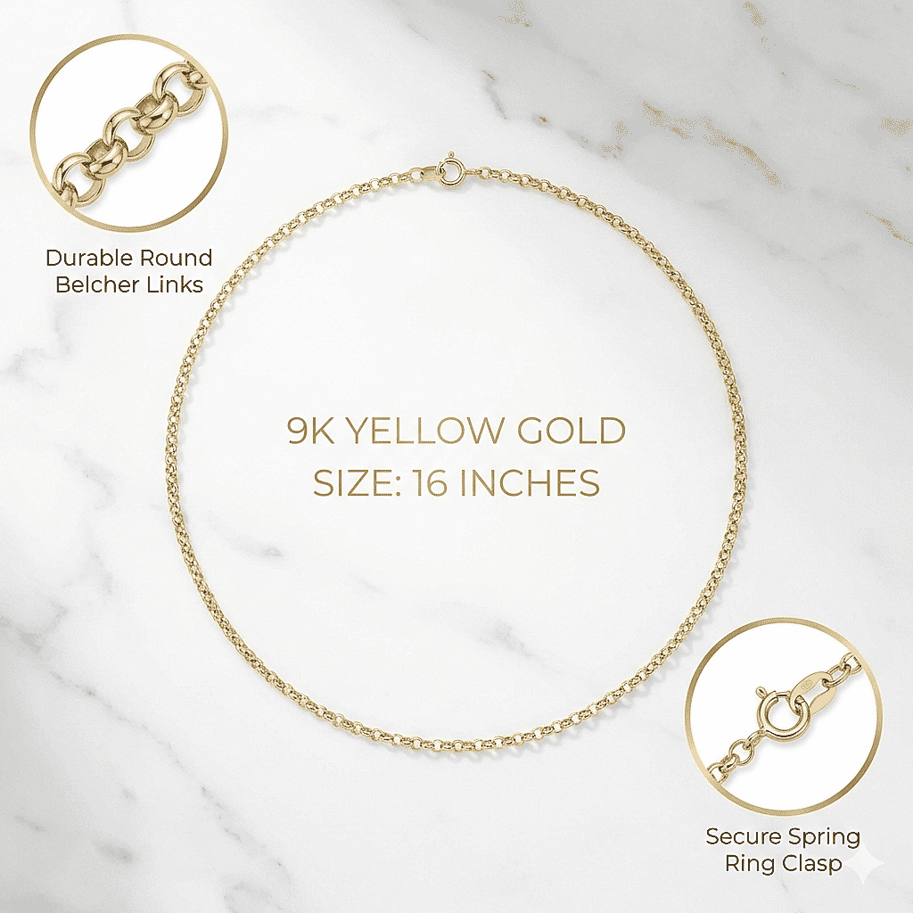 Mega Gold Deal - 9K Yellow Gold Round Belcher Necklace (Size 16) with Spring Ring Clasp