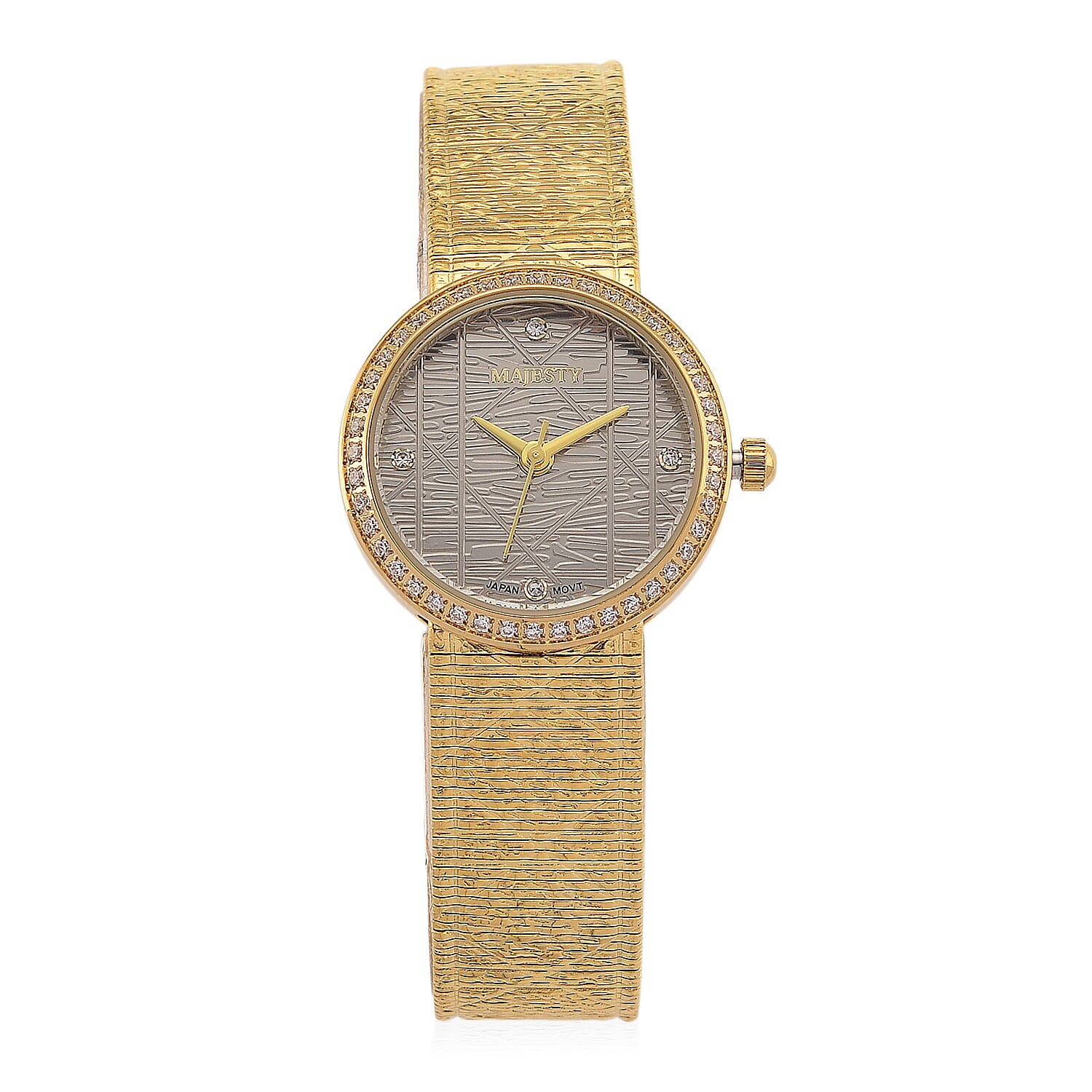 MAJESTY Quartz 7T35 Japan Movement 3ATM WR Grey Hydraulic - Crystal Dial - Gold CZ Case Ladies Watch with Gold Stainless Steel Strap