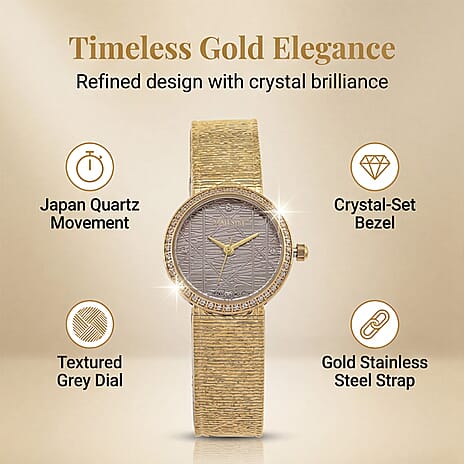 MAJESTY Quartz 7T35 Japan Movement 3ATM WR Grey Hydraulic - Crystal Dial - Gold CZ Case Ladies Watch with Gold Stainless Steel Strap