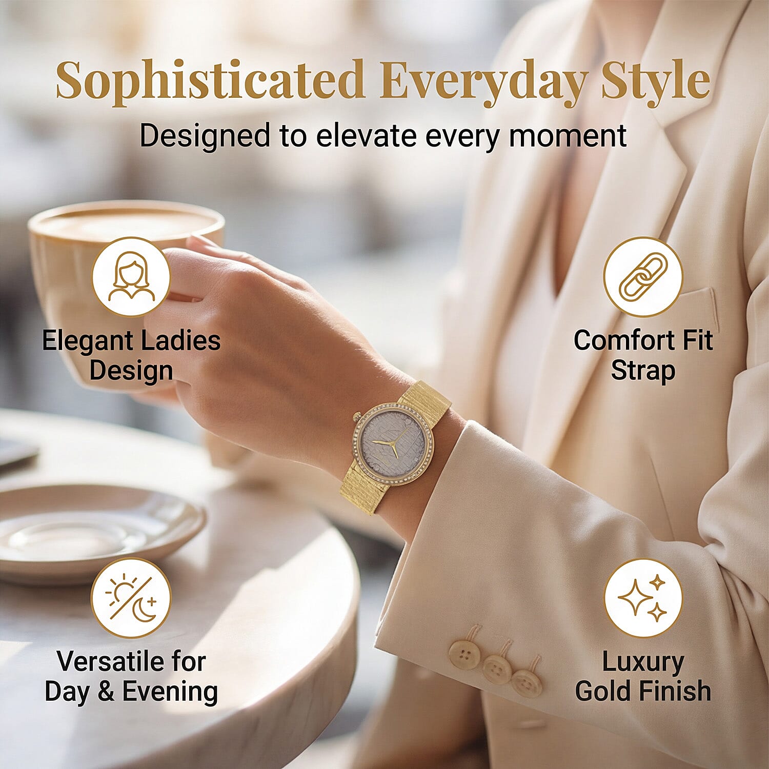 MAJESTY Quartz 7T35 Japan Movement 3ATM WR Grey Hydraulic - Crystal Dial - Gold CZ Case Ladies Watch with Gold Stainless Steel Strap