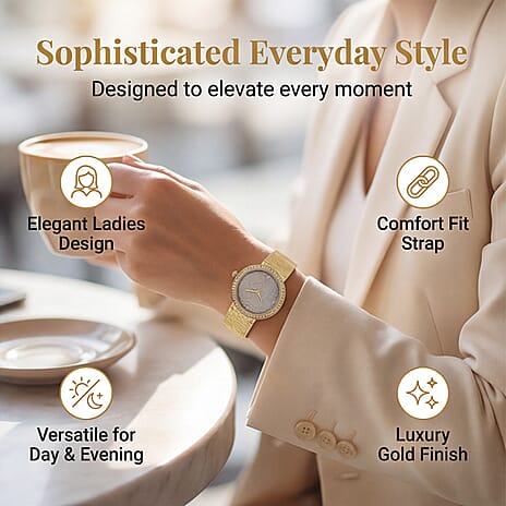 MAJESTY Quartz 7T35 Japan Movement 3ATM WR Grey Hydraulic - Crystal Dial - Gold CZ Case Ladies Watch with Gold Stainless Steel Strap