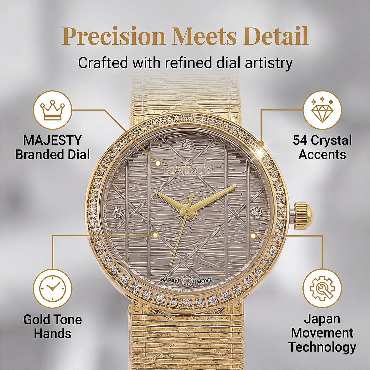 MAJESTY Quartz 7T35 Japan Movement 3ATM WR Grey Hydraulic - Crystal Dial - Gold CZ Case Ladies Watch with Gold Stainless Steel Strap