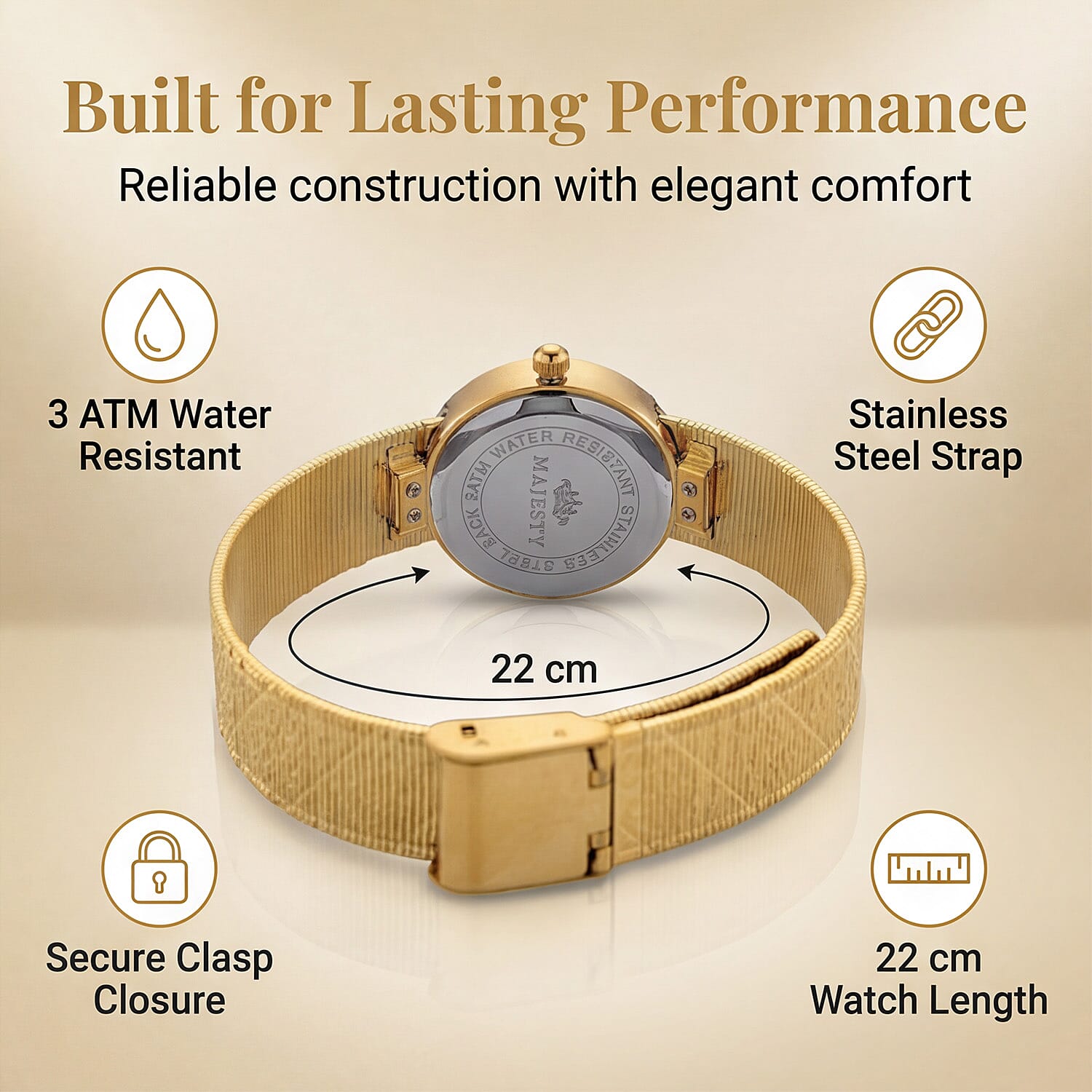 MAJESTY Quartz 7T35 Japan Movement 3ATM WR Grey Hydraulic - Crystal Dial - Gold CZ Case Ladies Watch with Gold Stainless Steel Strap