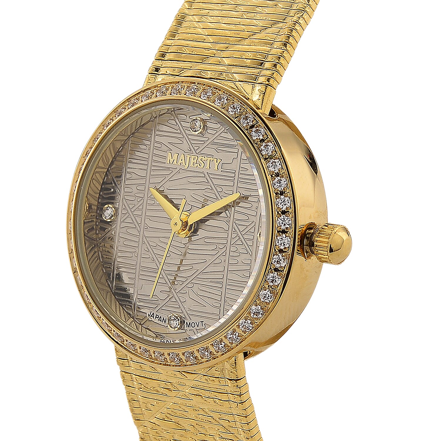 MAJESTY Quartz 7T35 Japan Movement 3ATM WR Grey Hydraulic - Crystal Dial - Gold CZ Case Ladies Watch with Gold Stainless Steel Strap