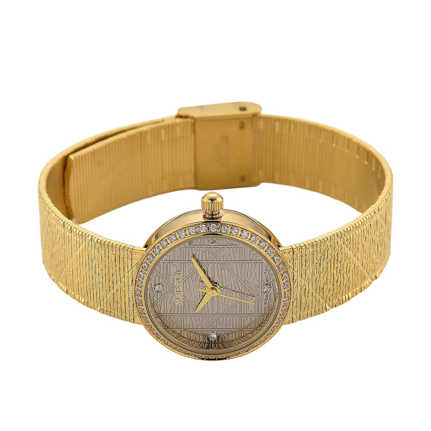 MAJESTY Quartz 7T35 Japan Movement 3ATM WR Grey Hydraulic - Crystal Dial - Gold CZ Case Ladies Watch with Gold Stainless Steel Strap