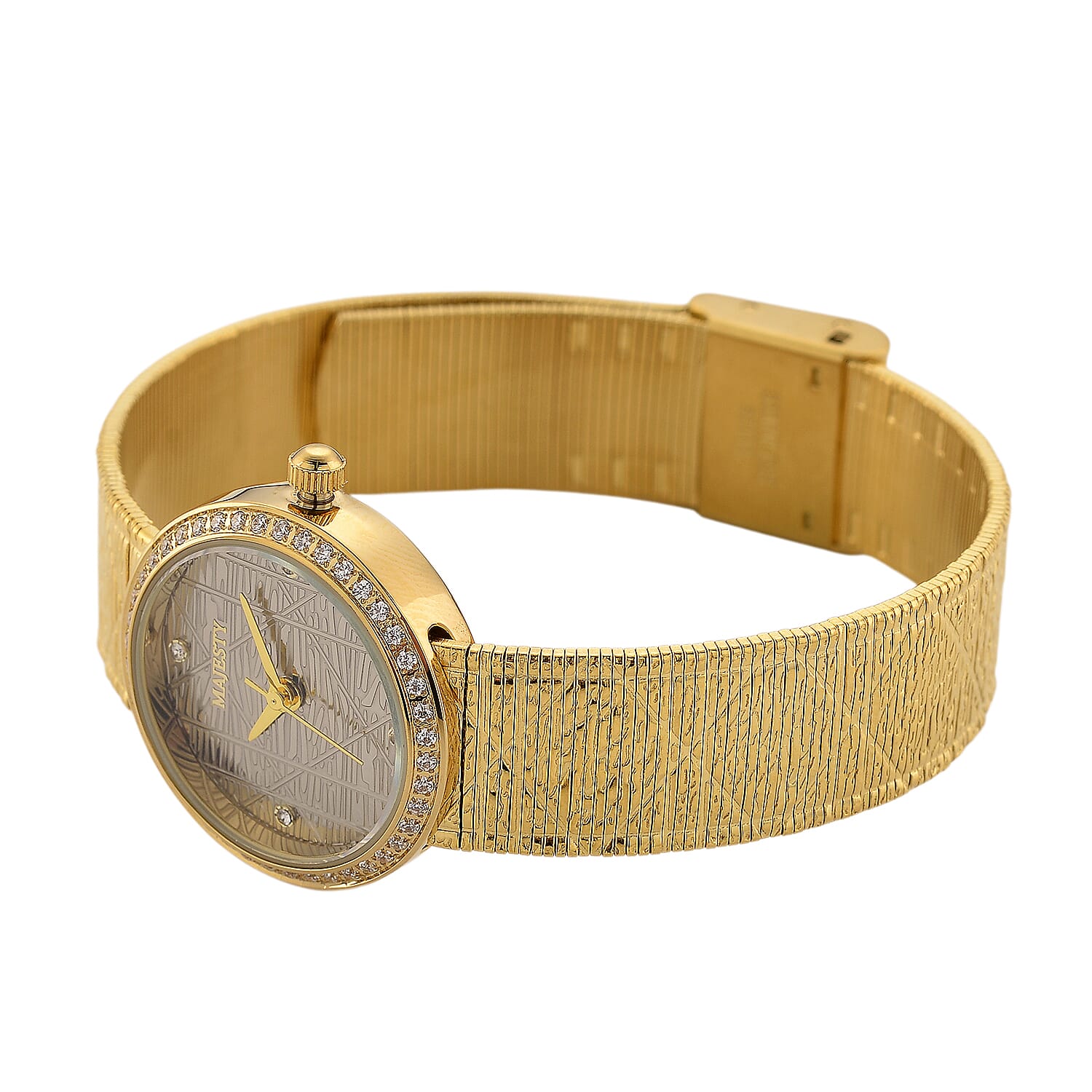 MAJESTY Quartz 7T35 Japan Movement 3ATM WR Grey Hydraulic - Crystal Dial - Gold CZ Case Ladies Watch with Gold Stainless Steel Strap