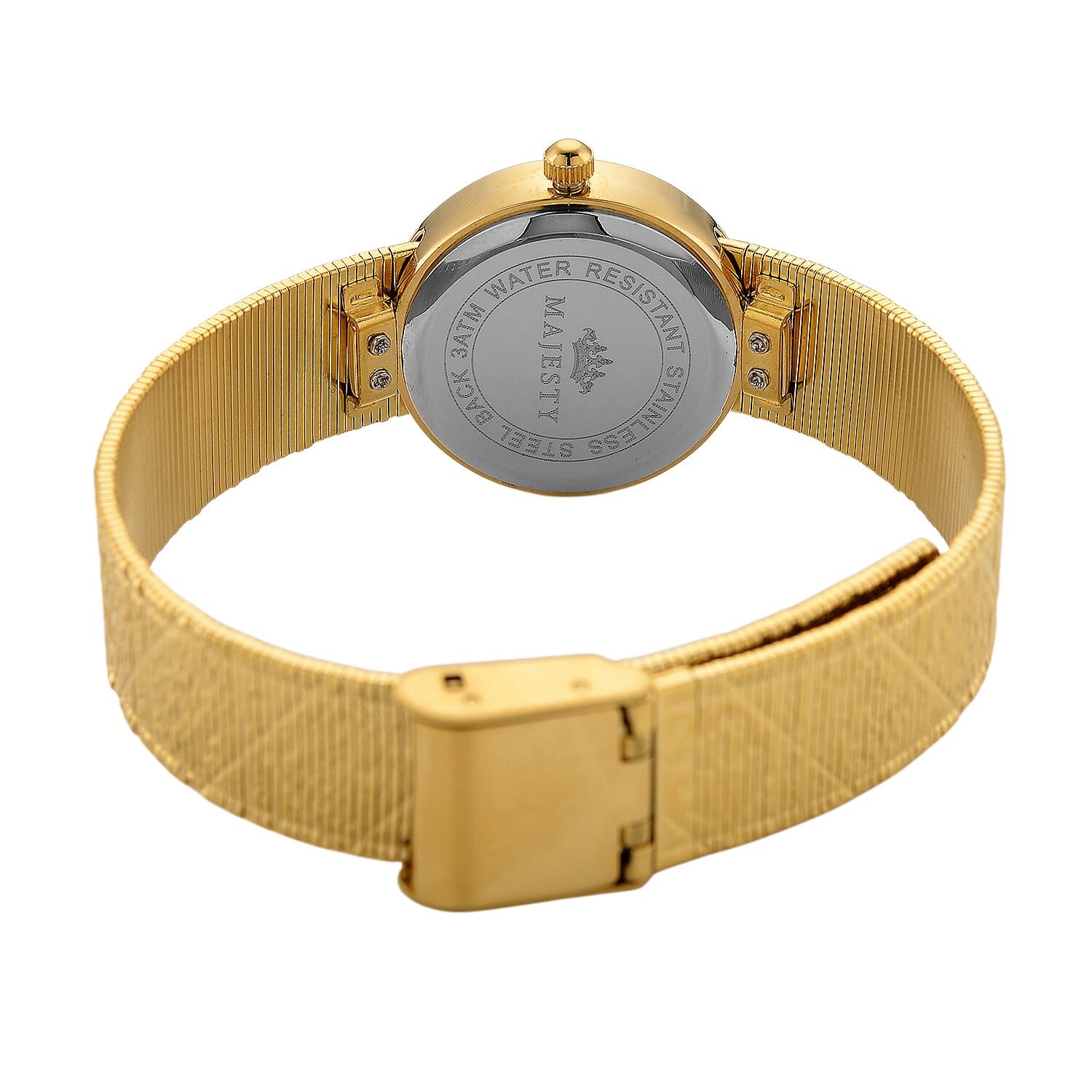 MAJESTY Quartz 7T35 Japan Movement 3ATM WR Grey Hydraulic - Crystal Dial - Gold CZ Case Ladies Watch with Gold Stainless Steel Strap