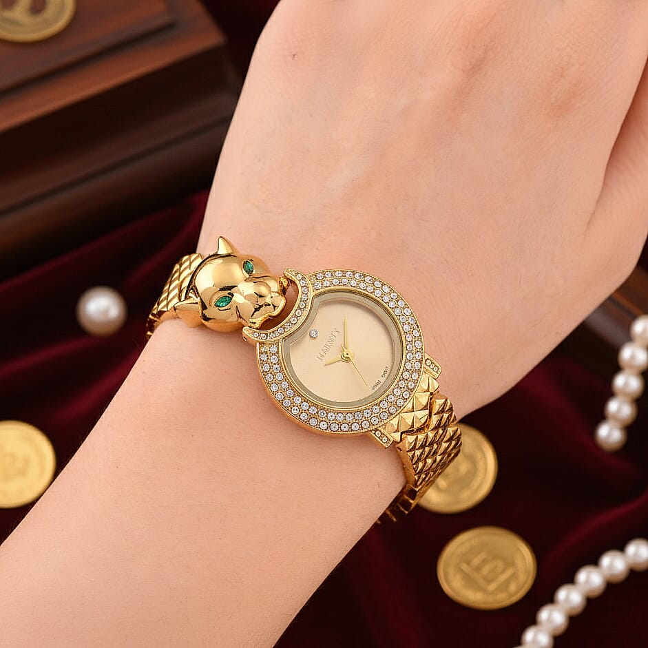 LOWEST EVER-MAJESTY Japan Movement 3ATM Crystal Studded Leopard Design Watch - Gold