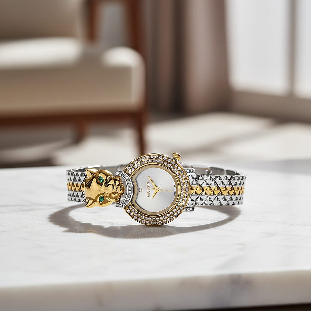 MAJESTY Japan Movement 3ATM Crystal Studded Leopard Design  Watch - Two Tone