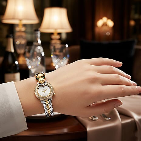 MAJESTY Japan Movement 3ATM Crystal Studded Leopard Design  Watch - Two Tone