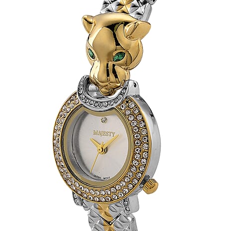MAJESTY Japan Movement 3ATM Crystal Studded Leopard Design  Watch - Two Tone