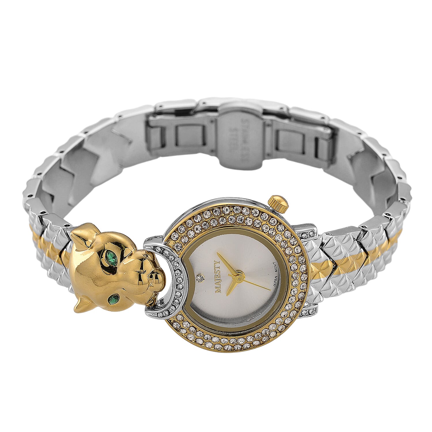 MAJESTY Japan Movement 3ATM Crystal Studded Leopard Design  Watch - Two Tone