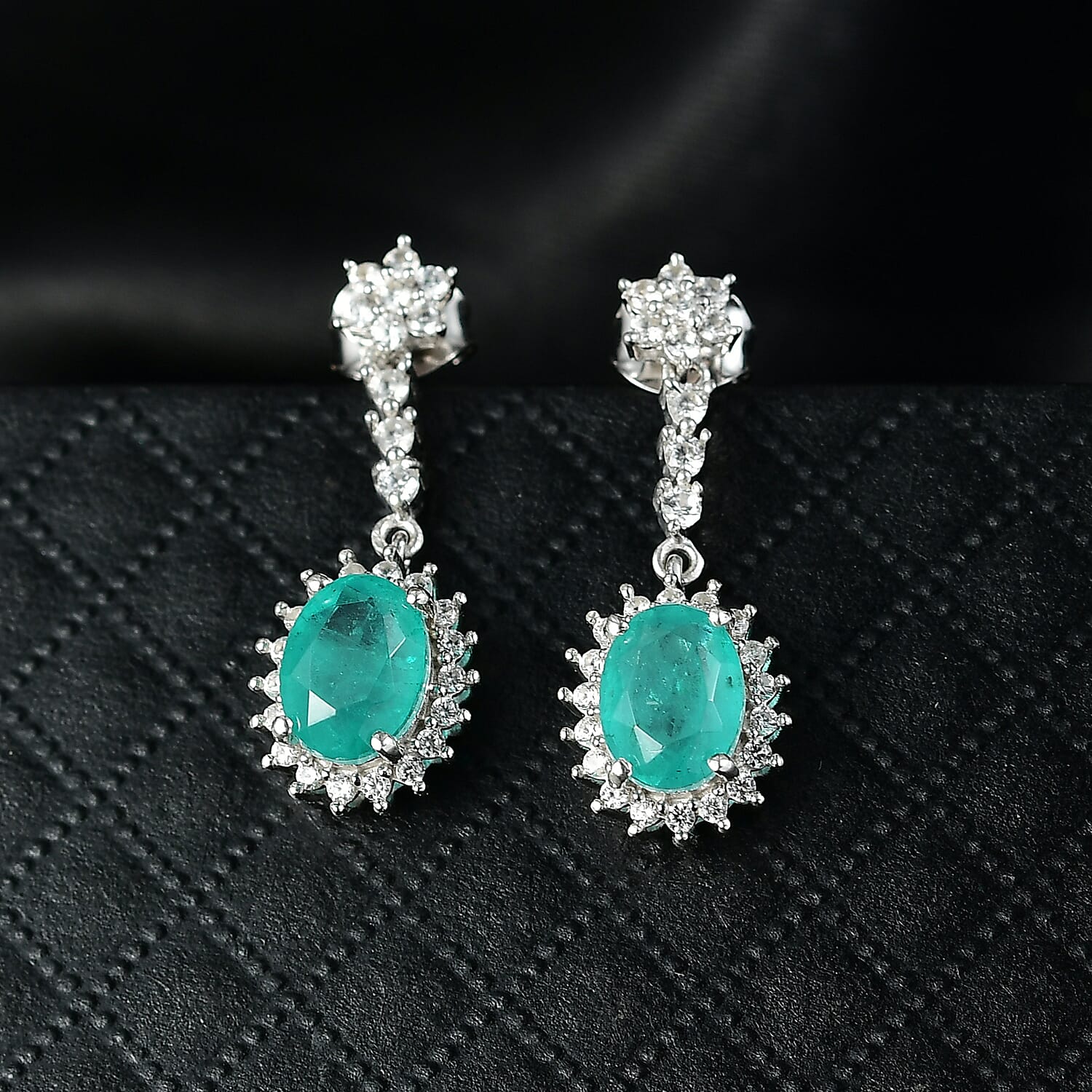 D'Joy, Emeraldine Triplet Quartz , White Zircon Dangling Earring in Platinum Overlay Sterling Silver 4.10 ct  4.104  Ct.