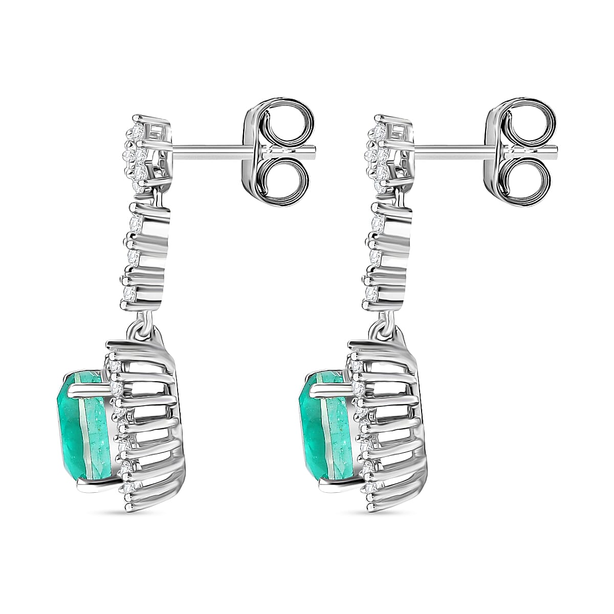 D'Joy, Emeraldine Triplet Quartz , White Zircon Dangling Earring in Platinum Overlay Sterling Silver 4.10 ct  4.104  Ct.