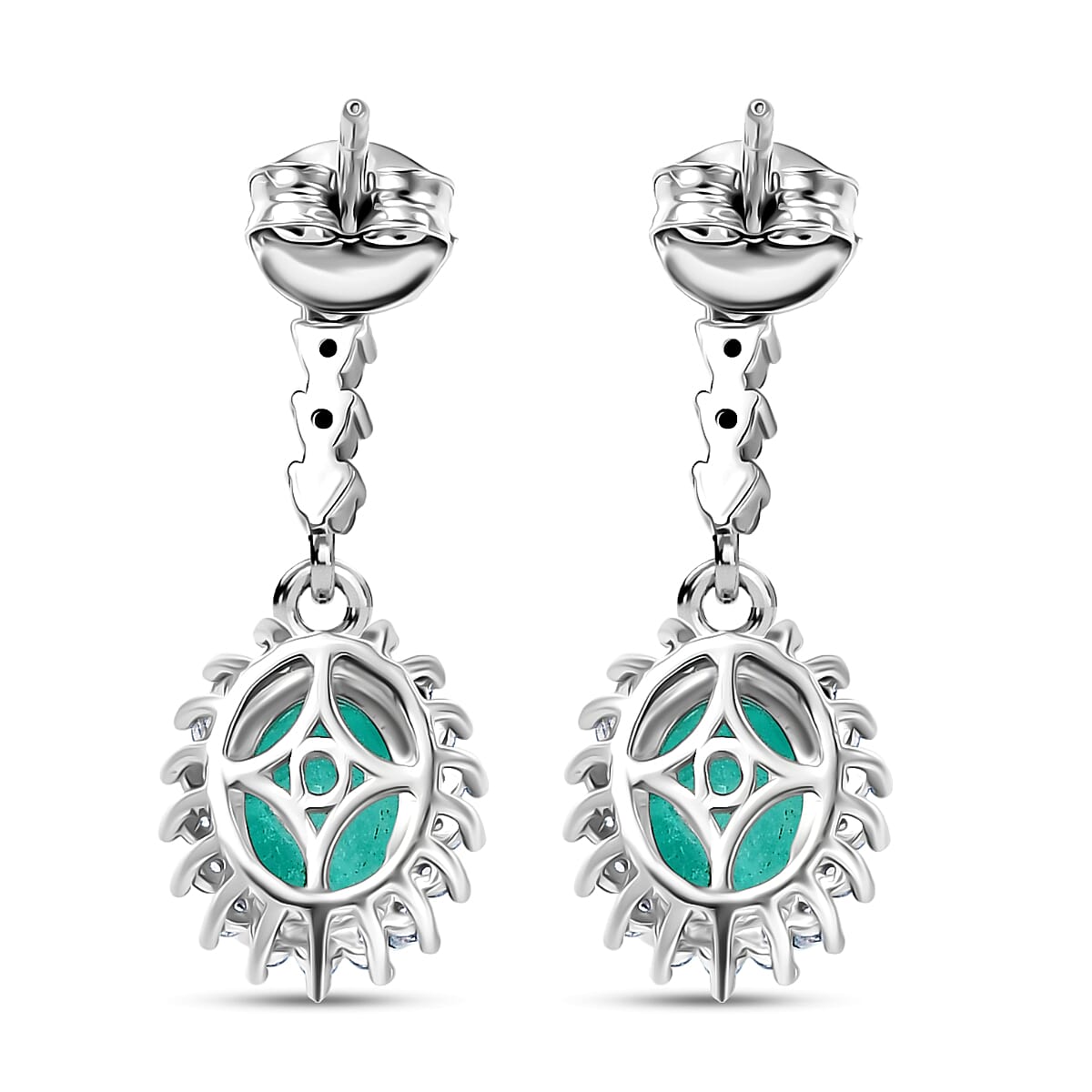 D'Joy, Emeraldine Triplet Quartz , White Zircon Dangling Earring in Platinum Overlay Sterling Silver 4.10 ct  4.104  Ct.