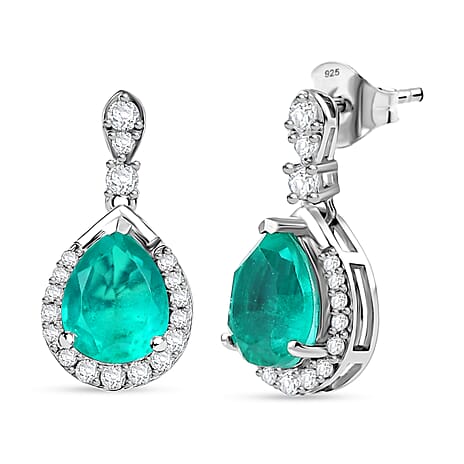 D'Joy, Emeraldine Triplet Quartz , White Zircon Main Stone With Surrounding Stone Earring in Platinum Overlay Sterling Silver 4.79 ct  4.790  Ct.