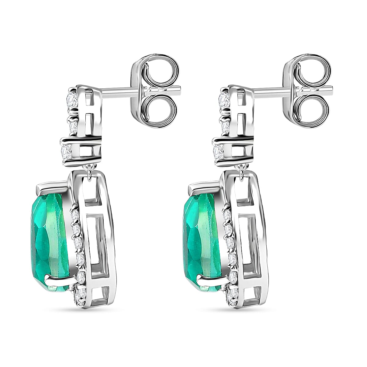 D'Joy, Emeraldine Triplet Quartz , White Zircon Main Stone With Surrounding Stone Earring in Platinum Overlay Sterling Silver 4.79 ct  4.790  Ct.