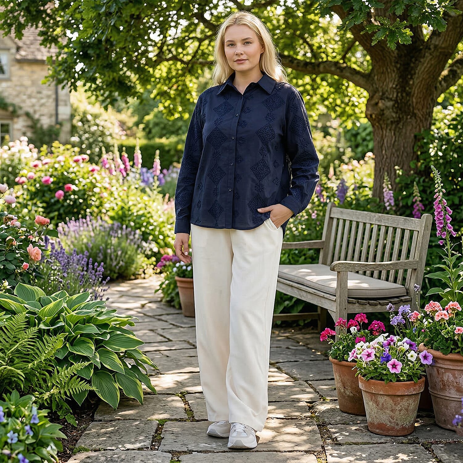 La Marey 100% Cotton Embroidered Shirt (Size 12 to 14) - Navy Blue